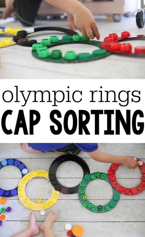 Olympic Rings Cap Sorting Winter Sports Crafts, Olympic Themed Activities, Summer Olympics Crafts, Summer Olympics Activities, Winter Olympics Activities, Preschool Olympics, Olympic Games For Kids, Olympic Idea, Olympic Crafts