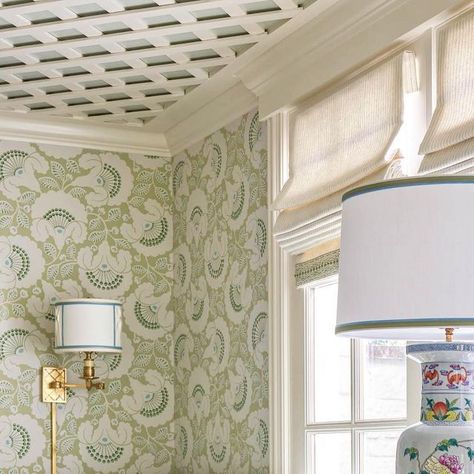 Collins Interiors on Instagram: "lattice give thanks." Lattice Wallpaper, Lattice On Ceiling, Collins Interiors, Lattice Ceiling Ideas, Lattice Ceiling, Lattice Wall, Interior Design Classes, Ceiling Treatments, Cottage Interior