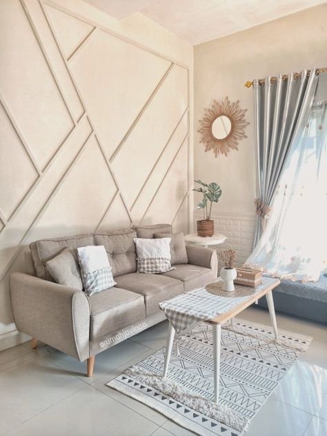 Ruang tamu tema minimalis scandinavian ala @rumahjovinca Ruang Tamu Aesthetic Korea, Scandinavian Home Design, Dining Room Accent Wall, Patterned Wallpaper, Minimalist Living Room Decor, Room Accent Wall, Latest Living Room Designs, Elegant Living Room Design, Room Partition Designs