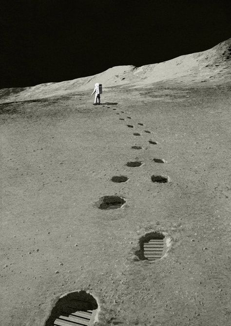 A4 size illustration that depicts an astronaut walking across the surface of the Moon. The arc of the astronaut's boot prints, curvature of the Moon's surface and negative space above the Moon mountains reflects the shape of the Moon and it's orbit around the Earth.  The illustration was created in 2019 to commemorate 50th years since the first Moon landing and is seen through the camera lens of the astronaut's colleague. Moon Surface Illustration, Moon Walking, Walking On The Moon, Moon Base, Astronaut Illustration, Moon Surface, Moon Walk, Moon Photos, Space Projects