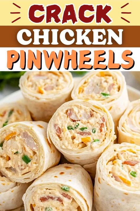 These crack chicken pinwheels are as addictive as they sound! They're creamy, cheesy, and the perfect finger food for any gathering. Make With Rotisserie Chicken, Chicken Pinwheels, Cheese Cheddar, Bacon Sandwich, Pinwheel Recipes, Tailgate Food, Bacon Ranch, Cheese Dip, Low Carb Recipes Dessert