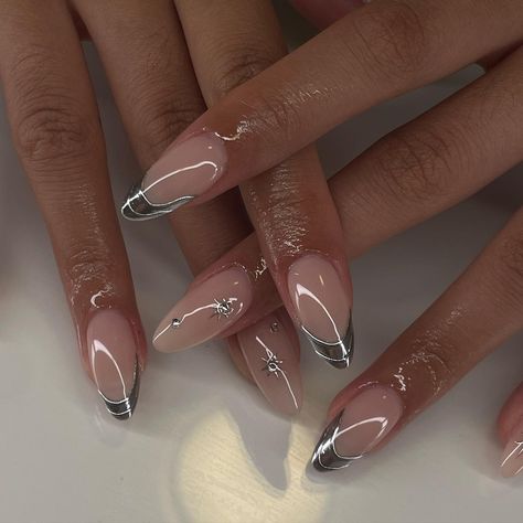 Some close up shots😍😍 #nails #gelx #chromenails #gelxnails #nailtech #nailinspo #naildesigns Cute Silver Nails For Prom, Chrome And Gem Nails, Sliver Nails Design, Nails For Silver Dress, Silver Nails Short, Silver Accent Nails, Silver Nails Ideas, Silver French Tip, Silver French Manicure