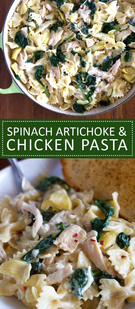 This quick and easy Spinach Artichoke Chicken Pasta is so creamy and delicious! Spinach Artichoke Chicken Pasta, Chicken Artichoke Pasta, Spinach Artichoke Pasta, Zen Kitchen, Pasta Spinach, Spinach Artichoke Chicken, Artichoke Pasta, Artichoke Chicken, Artichoke Recipes