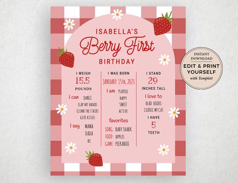 Editable Berry First Birthday Milestone Sign, 1st Birthday Milestone Sign, Berry First Birthday, Milestone Sign, Templett, PBP115 - Etsy Australia Milestone Birthdays, Berry, Milestones, Banners Signs, Etsy Australia, Stuff To Do, Invitation Paper, 1st Birthday, Invitation Template