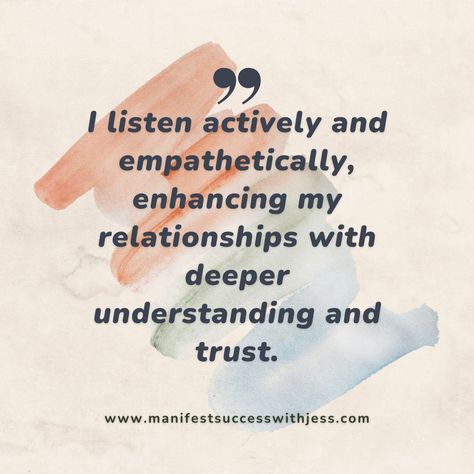 Looking to enhance your relationships with deeper understanding and trust? Practice active and empathetic listening with this affirmation. By truly listening to others, you can create stronger, more meaningful connections. Like, share, or follow to affirm this positive change in your communication skills! 🌟✨ #EmpatheticListening #DeepConnections #Manifestation #PositiveAffirmations #PersonalGrowth #SelfDiscovery #Mindfulness #Inspiration #Motivation #Wellness #EmotionalIntelligence #InnerPeac... Manifest Communication, Communication Skills Affirmations, Healthy Happy Relationship Affirmations, Words Of Affirmation Love Language Examples, Verbal Affirmation Love Language, Healthy Communication, Be Your Own Kind Of Beautiful, Positive Self Talk, Positive Change