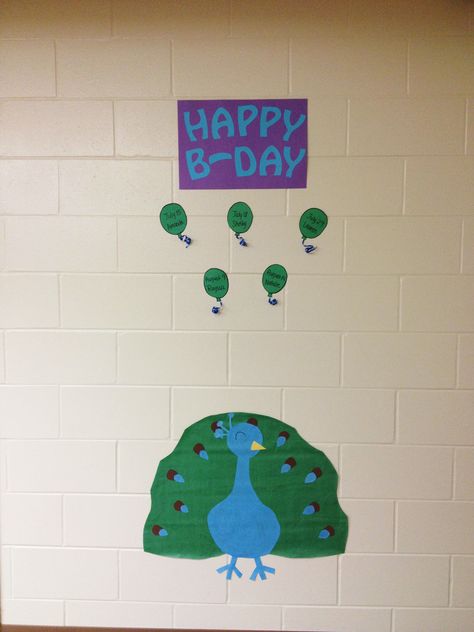 My birthday wall for residents! Little balloons with name and birthdate. The peacock goes along with my wild animals theme. (RA life, Dorm, floor, decs, decorations) Student Affairs, Hall Ideas, Residence Life, Resident Assistant, College Ideas, Birthday Wall, Dorm Ideas, The Peacock, Life Ideas