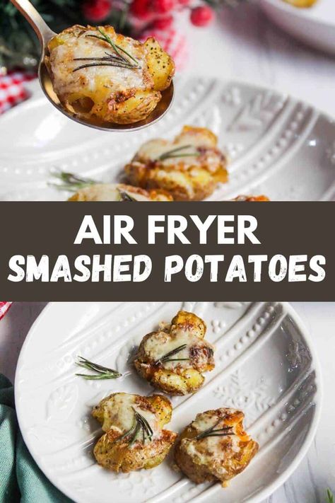 Air Fryer Smashed Potatoes with Cheese Smashed Potatoes With Cheese, Dinners For One, Air Fryer Smashed Potatoes, Potatoes In Air Fryer, Potatoes With Cheese, Christmas Main Dishes, Holiday Meal Planning, Crispy Smashed Potatoes, Holiday Favorite Recipes