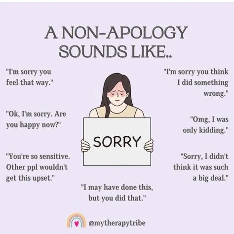 Lindsey •LCSW •C-SSWS • CATP on Instagram: “A non apology sounds like... Credit 📷 @mytherapytribe 💯 | Follow @ontheothersideofthecouch for daily posts 💗 | Follow…” Monster In Law, Boundary Setting, Psych 101, Dear Future Me, Journey Of Self Discovery, Mental Health Month, Healing Journal, Radical Acceptance, Interpersonal Skills