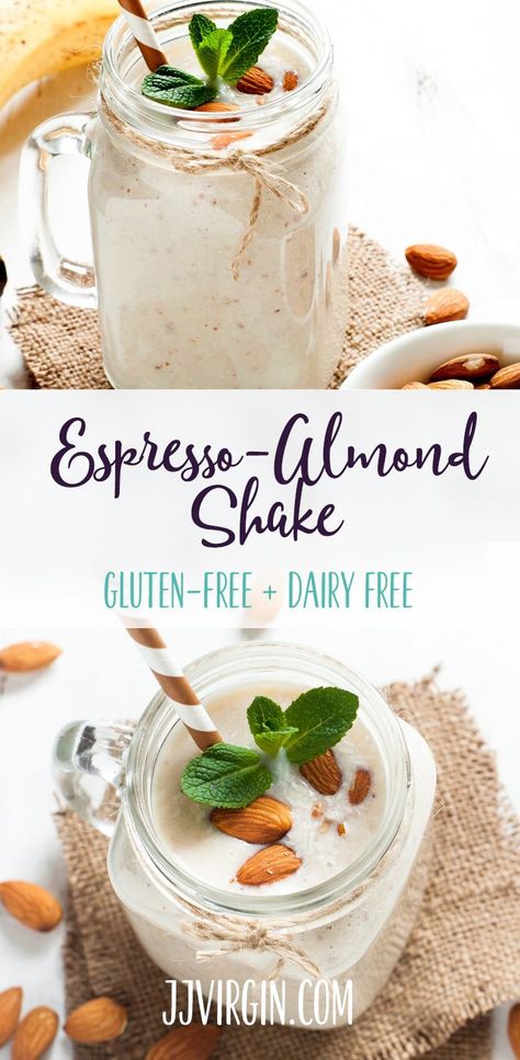 Espresso and almonds come together for a nutty, rich protein shake with a caffeinated kick and plenty of energizing protein and filling fiber. Yum! Get this gluten free, dairy free low sugar protein shake recipe now. Low Sugar Protein Shakes, Dairy Free Smoothies Healthy, Gluten Free Smoothie Recipes, Dairy Free Milkshake, Pancakes Protein, Gluten Free Smoothie, Protein Shake Recipe, Dairy Free Chocolate Cake, Best Protein Shakes