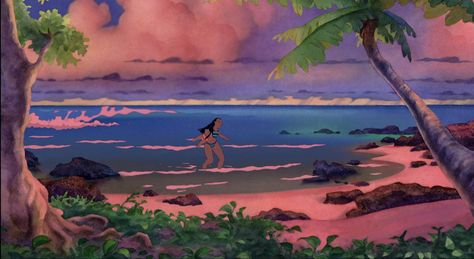 A frame from Lilo and Stitch depicting the titular Lilo being carried by her older sister. Background is a relaxing watercolour painting of a beach. Lilo And Stitch Background, Lilo And Nani, Real References, Stitch Background, Lilo And Stitch 2002, Disney Studios, Disney Lilo, Character Design Animation, On Beach