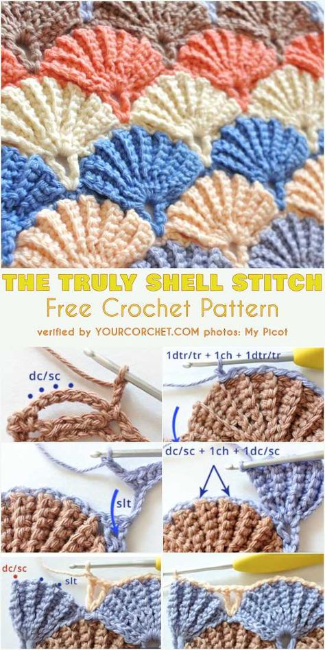 The Truly Shell Stitch Free Crochet Pattern and Tutorial | Your Crochet Crochet Shell, Crochet Shell Stitch, Crochet Stitches Free, Baby Crochet Patterns Free, Shell Stitch, Manta Crochet, Afghan Patterns, Crochet Afghans, Baby Blanket Crochet Pattern