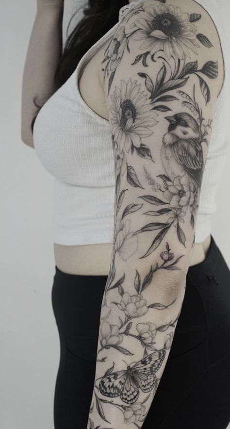 Floral Garden Tattoo Sleeve, Arm Garden Tattoo, Floral Patch Work Sleeve Tattoo, Secret Garden Tattoo Sleeve, Garden Theme Sleeve Tattoo, Flora And Fauna Tattoo Sleeve, Unique Flower Sleeve Tattoo, Floral Animal Sleeve Tattoo, Cohesive Tattoo Sleeve