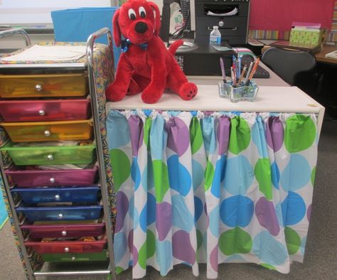 Classroom Setup: Three Hours and Done! | DIY shower curtain - Scholastic.com Diy Classroom Curtains, Bookshelf Curtains, Cabinet Covers, Classroom Bookshelf, Dr. Suess, Classroom Decor Middle, Middle School Classroom Decor, Classroom Decor High School, Diy Classroom Decorations