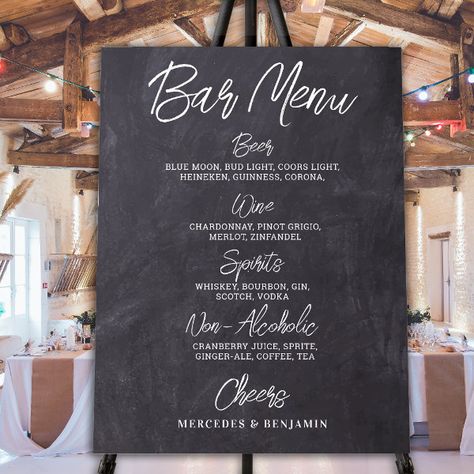 Rustic Wedding Bar Personalized Drink Menu Foam Board Menu Board Wedding, Bar Sign Chalkboard, Rustic Wedding Bar, Chalkboard Bar, Cranberry Juice And Vodka, Rustic Chalkboard, Menu Wedding, Chalkboard Wedding, Drink Signs