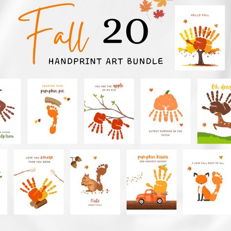 "Fall Handprint Crafts - 20 designs included! This fall bundle is perfect for the fall season! They are going to make the most of fall and create beautiful memories for years to come! This is perfect for home crafts, school, halloween parties, and more!  **This listing is an instant digital download, no physical product will be shipped** Just order and within a few seconds, you will receive a link to download your template.   🍁 You will receive 🍁   1. 1 High quality PDF File Size (8.5\" x 11\") with 20 designs 2. 1 PDF \"Cheat Sheet\" showing the finished prints so you can see where to put the handprints/footprints! 2. Instant Download - Download, Print, Enjoy!    *PRINTING: For best results,  - Use medium to heavy white cardstock - Colors may vary once printed due to monitors and/or pri Fall Handprint Footprint Craft, Harvest Infant Crafts, Crafts For Infants Daycare Fall, Handprint Fall Art, Kids Fall Handprint Art, Fall Hand Foot Print Art, Fall Arts And Crafts For Kids Toddlers, Fall Leaves Handprints, Orange Footprint Craft