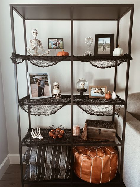 Spooky Shelf Decor, Halloween Decorations Shelves, Bookshelf Halloween Decor, Halloween Bookcase Decor, Halloween Bookshelf Decor, Halloween Shelf Decor, Spooky Room, Bookcase Decor, Ikea Shelves