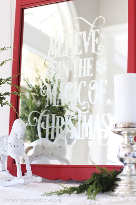 DIY Faux Etched Christmas Mirror | Confessions of a Serial Do-it-Yourselfer Christmas Mirror Decorations, Frosted Glass Spray, Christmas Mirror, Mirror Vinyl, Salvaged Furniture, Etched Mirror, Mirror Makeover, Thrift Store Decor, Shabby Chic Mirror