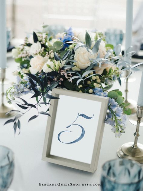 Dusty Blue And Grey Wedding Table Settings, Wedding Blue Table, Table Numbers Watercolor, Blue Table Numbers, Blue Wedding Centerpieces, Baby Blue Weddings, Blue Wedding Decorations, Beach Wedding Decor, Blue Centerpieces