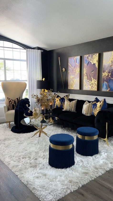 Blue And Gold Living Room, Glam Living Room Decor, Black Living Room Decor, Elegant Living Room Decor, Blue Living Room Decor, Glam Living, Gold Living Room, Living Room Decor Colors, Glam Living Room