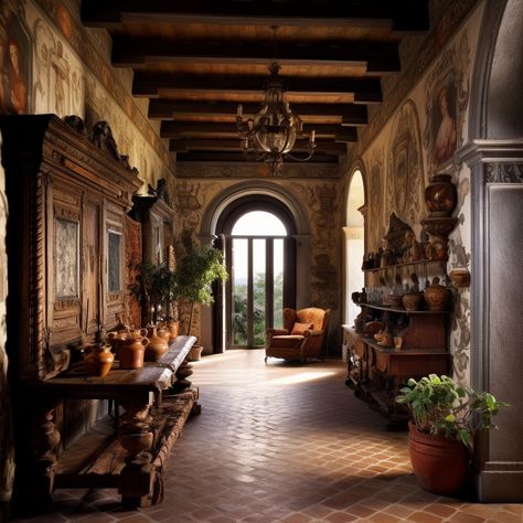 Italian Mansions Interior, Old Castle Interior, Italianate Interior, Italian Architecture Homes, Italian Mansions, Italian Villa Interior, Tuscan Architecture, Rustic Italian Home, Vibrant Bedding