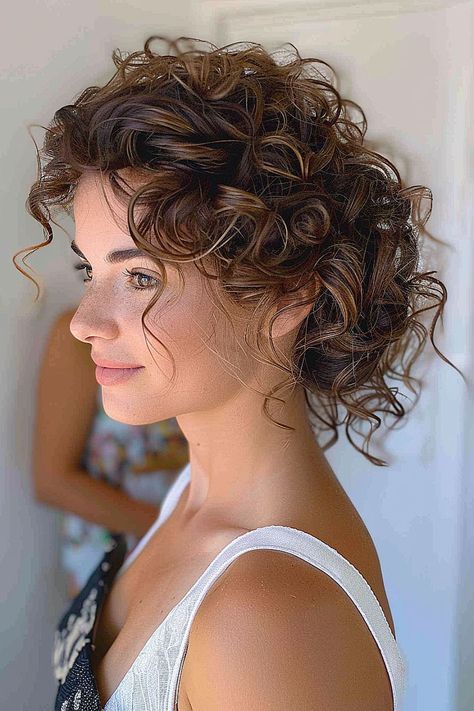 Natural Curly Wedding Hairstyles, Low Bridal Updo, Updos With Bangs, Curled Updo Hairstyles, Graceful Hairstyles, Voluminous Curly Hair, Curly Wedding Hairstyles, Deep Brunette, Brunette Tones