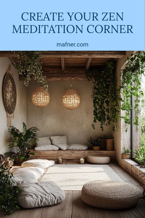 A beautifully arranged zen-inspired meditation corner with cushions, soft lighting, and calming plants. This pin captures the idea of creating a lovely meditation space in your home for relaxation. Cozy Nook Ideas, Meditation Nook, Calming Meditation, Corner Nook, Meditation Corner, Meditation Rooms, Calming Sounds, Zen Room, Nook Ideas