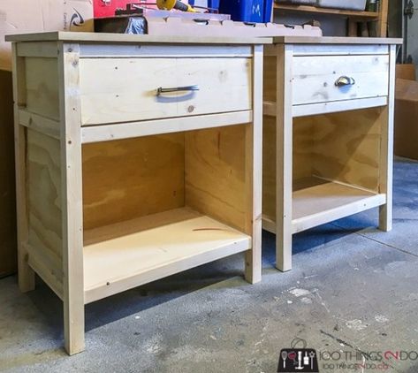 DIY Nightstands from Rogue Engineer | 100 Things 2 Do Diy Dresser And Nightstand, Diy Bedside Table With Drawer, 2x4 Nightstand, Diy Side Table Bedroom, Diy Bedroom Night Stands, Diy Nightstands, Diy Nightstand Plans, Diy Furniture Nightstand, Diy Night Stand