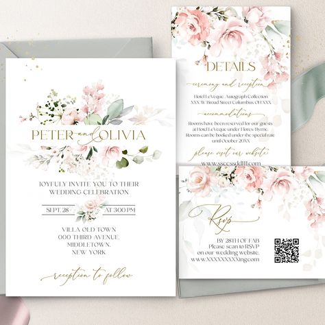 "Check out the link below to our Etsy store for all matching stationery for this design! https://www.etsy.com/shop/LOVEandEVENT?ref=seller-platform-mcnav&search_query=rosie Wedding Invitation Bundle Template, Printable Soft Pink Wedding Invite Suite, Editable Blush Pink Wedding invites Set | ROSIE Welcome and warm greetings from LOVE and EVENT! We are glad to contribute to the preparation of your celebration! This Template is a fully editable design.  Add Foto on the backside if needed.  Personalize your template in Templett, an easy-to-use template editor that works in your web browser. You need to try before you buy! Editing ability is rather limited on mobile devices, phone, iPad etc. Templett framework is currently optimized for use on a desktop browser only. 🌿TRY BEFORE YOU BUY🌿 Jus White And Pink Wedding Invitations, Wedding Invitations Pink, Pale Pink Weddings, Wedding Invite Suite, Rose Simple, Blush Pink Wedding Invitations, Pink Wedding Invitation, Soft Pink Wedding, Invite Suite