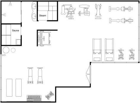 Gym Design Layout With Sauna Home Gym Floor Plan, Gym Floor Plan, Tiny Home Gym, Industrial Style House, Gym Layout, Home Gym Layout, Gym Plans, Home Gym Set, Gym Plan