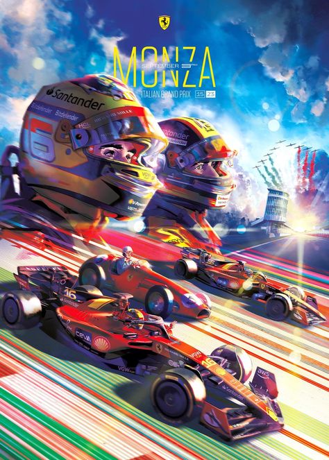 Ferrari Monza, Grand Prix Posters, Ferrari Poster, Italian Grand Prix, F1 Poster, Cycle Car, Old School Tattoo Designs, Racing Posters, Ferrari F1