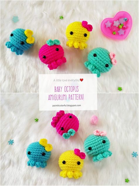 Amigurumi Baby Octopus - A little love everyday! Crochet Baby Octopus, Crocheted Animals, Octopus Crochet Pattern, Mini Amigurumi, Baby Octopus, Crochet Mignon, Confection Au Crochet, Crochet Geek, Crochet Octopus