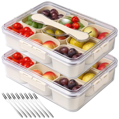 PRICES MAY VARY. 9-Compartments Snack Box Container: The divided tray with lid has 9 separate small compartments, which are neat and organized. It can effectively classify food to avoid food mixing and odor. You can enjoy a variety of snacks at the same time. It is perfect for parties, gatherings or personal use, and can hold a variety of foods from nuts and dried fruits to cheese, crackers and fresh vegetables. Portable Snack Box: The lids between the snack tray containers are sealed with silic