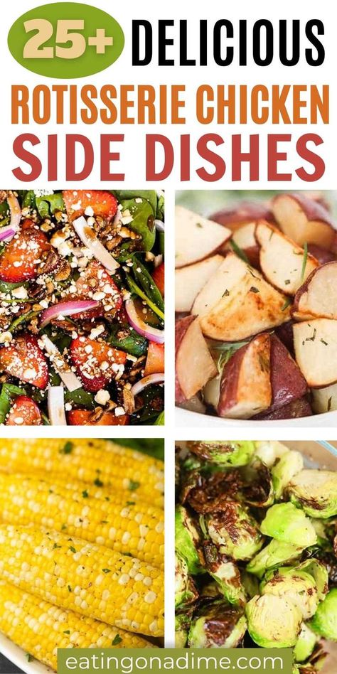 Does your family enjoy Rotisserie chicken? Try some of these easy rotisserie chicken sides. They are yummy and easy for weeknights. All these side dishes are easy to make, healthy and delicious too!  #eatingonadime #sidedishes #sides #siderecipes #chickensides Rotisserie Chicken Sides, Chicken Sides, Easy Corn Casserole Recipe, Sides For Chicken, Grilled Side Dishes, Chicken Mashed Potatoes, Alfredo Sauce Recipe Homemade, Roasted Carrots Recipe, Rotisserie Chicken Salad