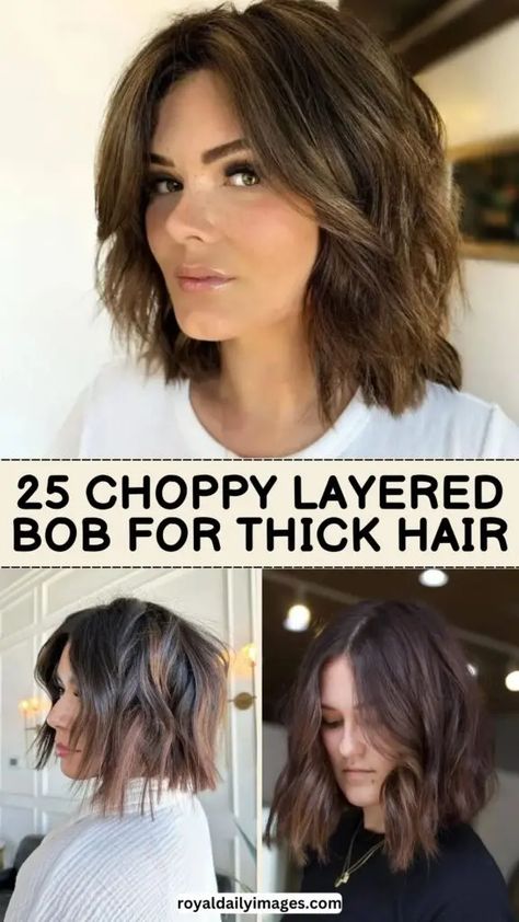 Discover 25 Trendy Choppy Layered Bob for Thick Hair - RoyalDailyImages Shoulder Length Thick Hair With Bangs, Shoulder Length Hair With Choppy Layers, Chunky Layers Short Hair, Choppy A Line Bob, Thick Coarse Hairstyles Short, Choppy Layered Bob, Above Shoulder Length Hair With Layers, Choppy Bob Hairstyles For Thick Hair, Choppy Bob For Thick Hair