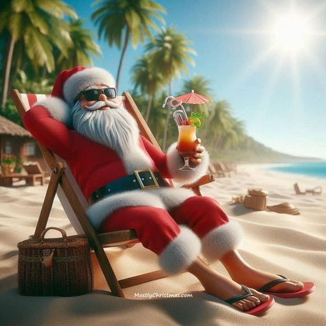 Tropical Santa Claus At The Beach, Santa On Vacation, Mrs Clause, Beach Christmas Ornaments, Christmas Drawings, Christmas Beach, Florida Christmas, Virtual Card, Summer Christmas