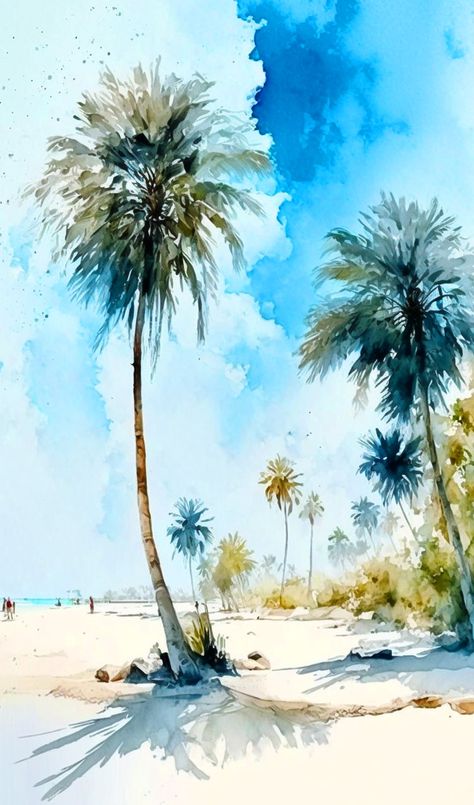 Laminated card with rounded corners. Size: 2.5” x 4.25” Water color of a beach with palm trees. B5 Beach Watercolor Paintings, Watercolor Beach Scenes, Palms Painting, Beach With Palm Trees, Beach Scene Painting, Beautiful Landscape Paintings, Tree Watercolor Painting, Watercolor Beach, Tropical Painting