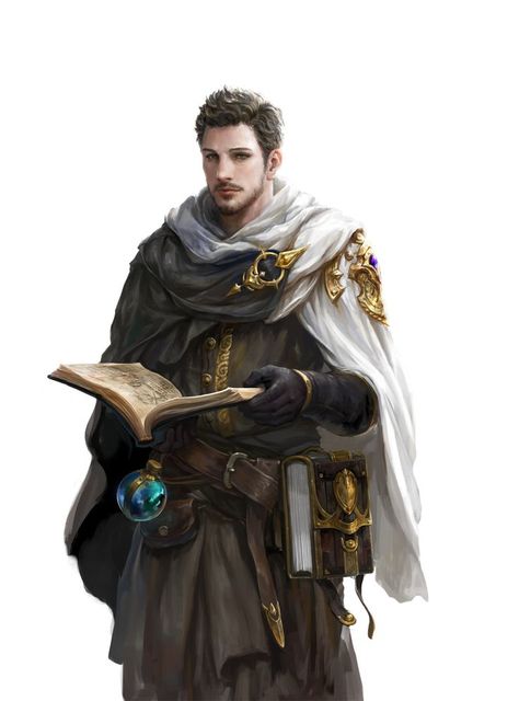 wizard / male spell caster with spellbook and flask  male human character for DnD / Pathfinder Magic Books, Personaje Fantasy, Heroic Fantasy, Human Male, Dungeons And Dragons Characters, Medieval Clothing, Fantasy Male, Magic Book, Arte Fantasy