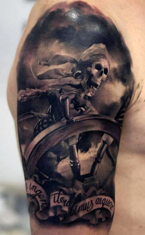 Guy's Pirate Tattoos Designs Half Sleeve Sextant Tattoo, Pirate Skull Tattoos, Pirate Ship Tattoos, Tattoo Son, Pirate Tattoo, Nautical Tattoo, Ship Tattoo, Disney Tattoos, Half Sleeve Tattoo