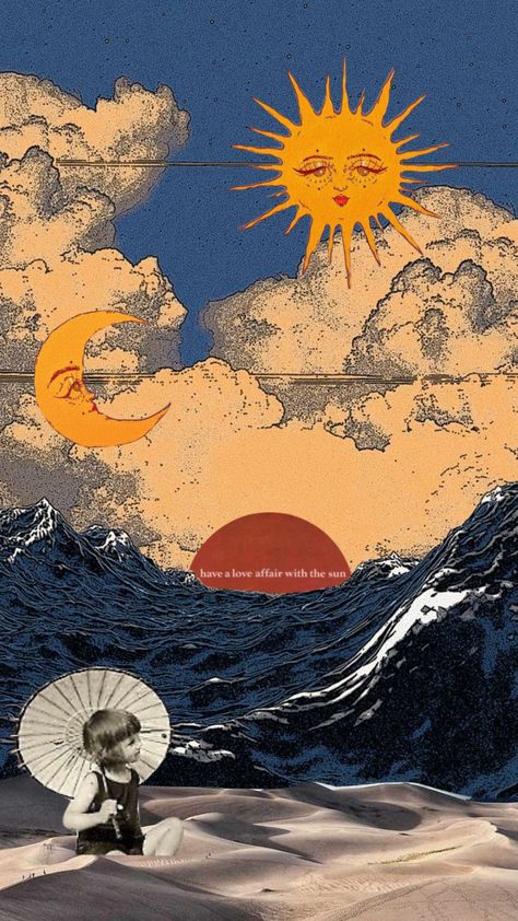 #sun #moon #vintage #beach Sun Moon Illustration Vintage, Sun Moon Stars Painting, Vintage Sun And Moon Art, Moon And Sun Background, Sun And Moon Art Aesthetic, Moon Esthetics, Sun And Moon Wallpaper Aesthetic, Vintage Moon Tattoo, Moon And Sun Wallpaper