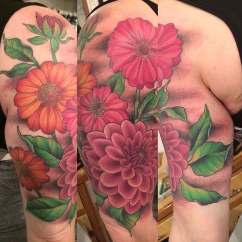 Mexican Flower 1/2 Sleeve. By Ashley Wollaston #seattle #tattoo #flowertattoos #dahlia #zinnia #sunflower Mexican Sunflower Tattoo, Zinnia Tattoo Ideas, Mexican Flower Tattoo, Zinnia Tattoo, Dahlia Tattoo, Seattle Tattoo, Mexican Sunflower, Zinnia Flower, Mexican Flowers