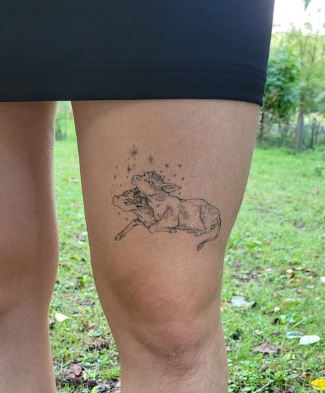 inspired by the poem the two headed calf by laura gilpin, done at divination tattoo in asheville, nc 2 Headed Calf Tattoo, 2 Headed Calf, Two Headed Calf Tattoo, Laura Gilpin, Poem Tattoo, Two Headed Calf, Tattoo Calf, Cow Tattoo, Handpoke Tattoo