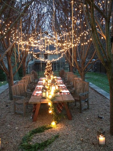 Run light strands down middle of table Patio Lights, Patio String Lights, Backyard Lighting, Patio Lighting, Backyard Party, Party Lights, String Lights Outdoor, Outdoor Party, Lighting Ideas