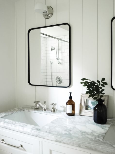 Our Kids Bathroom Reveal | Coco & Jack    #bathroom #bathroominspiration #bathroomgoals #bathroominspo #bathroomreno #bathroomrenovation #bathroomdesign #bathroomremodel  #delta #deltafaucet Black Bathroom Mirrors, Farmhouse Vanity, Farmhouse Bathroom Vanity, Bathroom Redesign, Modern Farmhouse Bathroom, Walkout Basement, Delta Faucets, Basement Decor, Basement Design