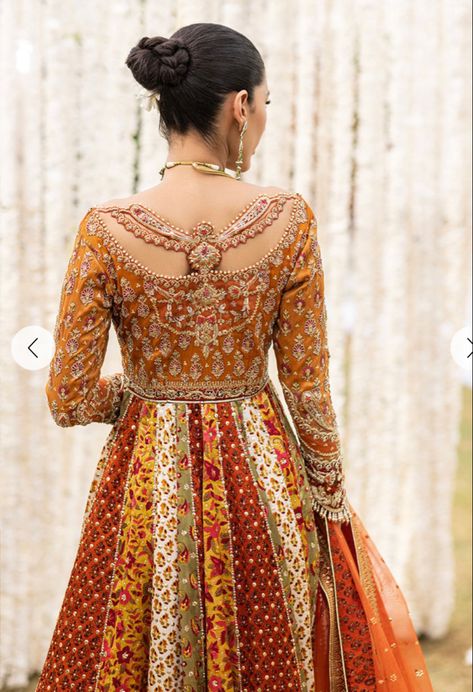 Embroidered Kundan Floor-length Gown, Embroidered Anarkali Dress In Orange, Anarkali Dress With Multicolor Embroidery, Anarkali Meenakari Wedding Dress, Tarun Tahiliani Anarkali, Farah Talib Aziz Formal, Mayoon Bride, Farah Talib Aziz, Casual Bridal Dress