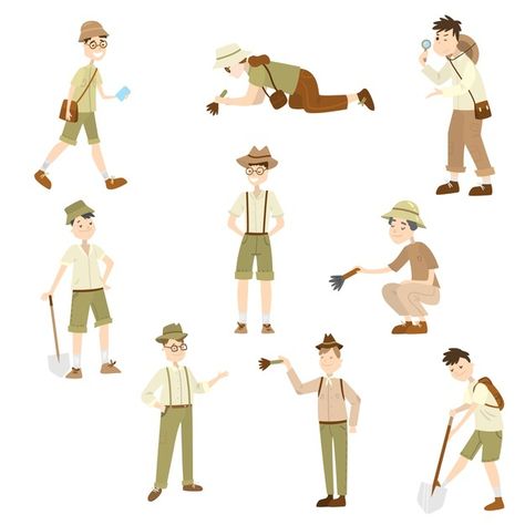 Collection set of archaeologists men and... | Premium Vector #Freepik #vector #design #woman #man #cartoon Archaeology For Kids, Dinosaur Roar, Estilo Cartoon, Man Cartoon, Characters Cartoon, Different Poses, Styled Stock, Double Exposure, Cartoon Style