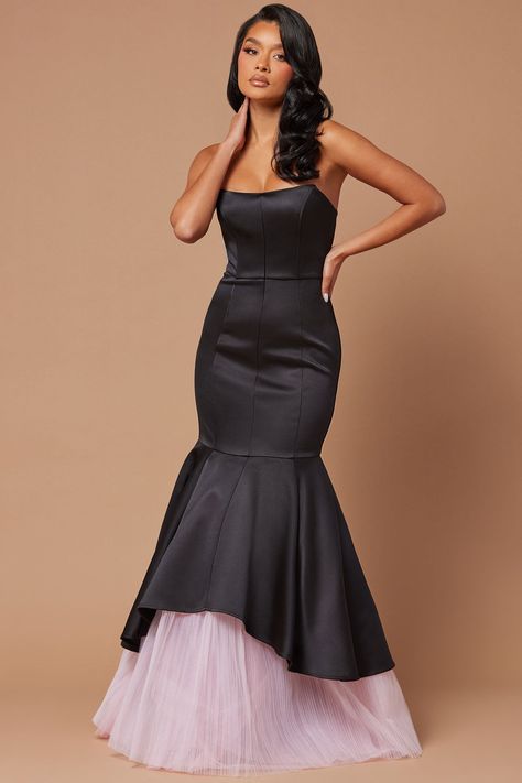 Available In Black/Pink. Satin Gown Tube Corset Waist w/ Boning Tulle underlay Fish Tail Hem Hidden Back Zipper Lined Non Stretch Shell1: 95% Polyester 5% Spandex Shell2: 100% Polyester Shell3: 100% Polyester Lining: 95% Polyester 5% Spandex Imported | Star Of The Evening Satin Gown Dress in Black/Pink size XS by Fashion Nova Satin Gown Dress, Pink Satin Gown, Types Of Gowns, Corset Waist, Fish Tail, Satin Gown, Gown Dress, Luxe Fashion, Pink Satin