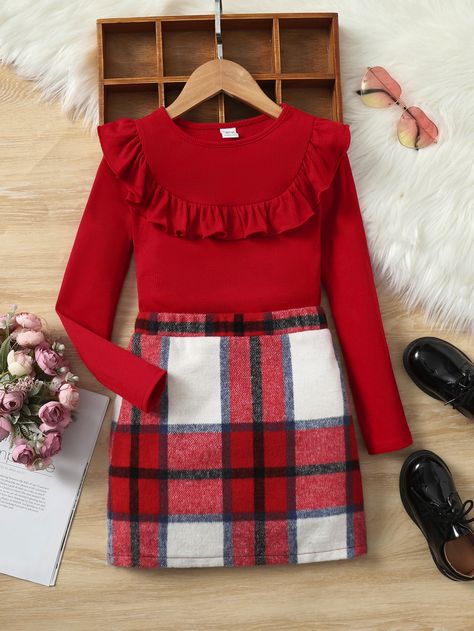 Christmas Outfit For Kids, Plaid Print Skirt, Plaid Skirt Set, Outfit For Kids, Marie Rose, Girls Christmas Outfits, 2023 Christmas, Spring Skirts, Tshirt Skirt