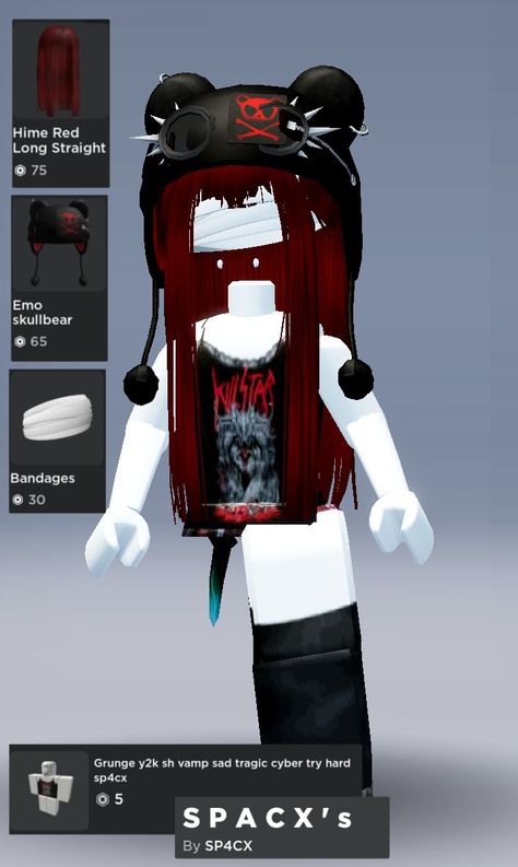 Roblox Outfit Ideas Codes Grunge, Red Head Roblox Avatar, Halloween Roblox Avatar Y2k, Roblox Y2k Outfits Without Headless, Red And Black Roblox Outfit Codes, Roblox Black Outfits, Roblox Alt Outfits, Roblox Korblox Outfits, Vamp Roblox Avatars