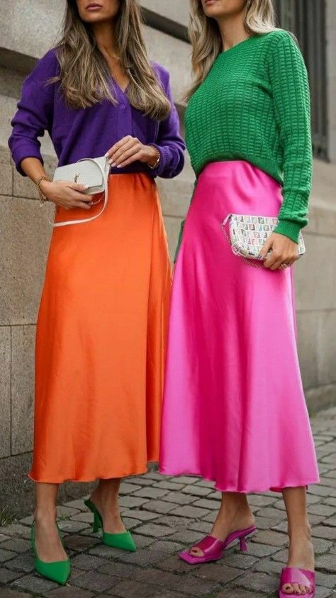 Magenta Skirt Outfit, Colourful Workwear, Hot Pink Silk Skirt, Hot Pink Skirt Outfit, Ladies Long Skirts, Pink Skirt Outfits, Hot Pink Aesthetic, Silk Skirt Outfit, Hot Pink Outfit