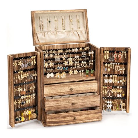 PRICES MAY VARY. Rustic Jewelry Box for Girls: If love Bohemian or farmhouse, this Girls jewelry box will be a wonderful gift for yourself. Made of solid wood and torched into a rustic look, it will be the awesome focus on your dresser. What You Need: A jewelry box organizer which specially design for storing earrings, its super storage space could organize all your earrings and keep organized. Large Capacity: 4 earrings holder boards can hang up about 80 pair of earrings. Come with 3 different Rustic Jewelry Organizer, Earring Holder Stand, Earrings Holder, Jewelry Box Organizer, Girls Jewelry Box, Large Jewelry Box, Necklace Organizer, Earring Organizer, Earring Stand